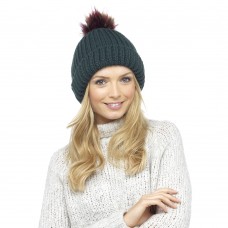Ladies Chunky Soft Ribbed Beanie Hat with Extra Large Multicoloured Faux Fur Pompom 